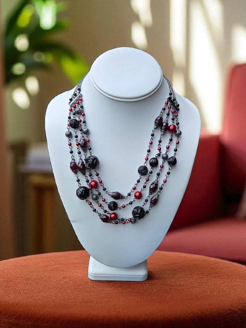 Avon Multi-Strand Black and Red Beaded Necklace